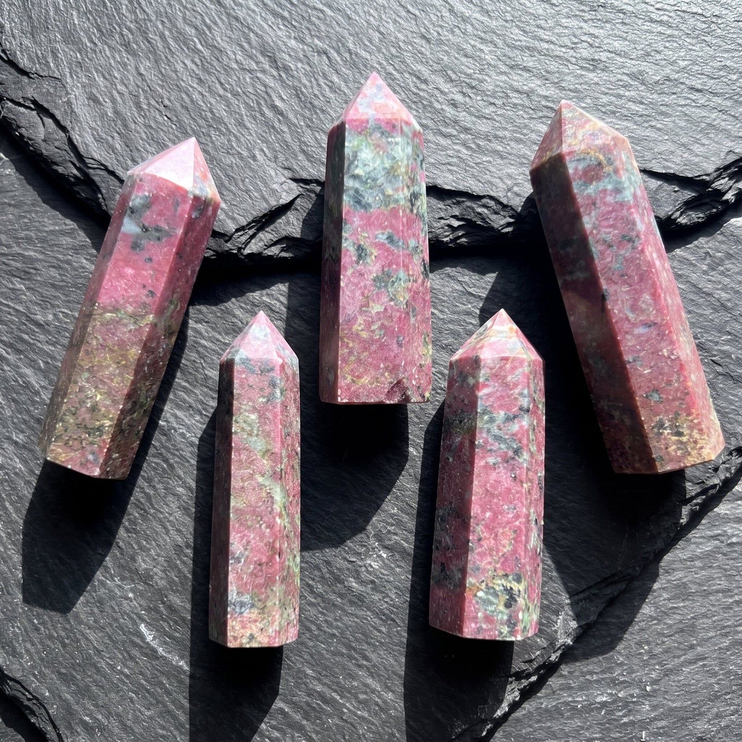 Red Ruby With Fuchsite Crystal Standing Tower Obelisk Point (UV Reactive) Carving