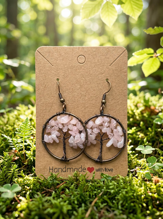 Wire Wrapped Tree of Life Earrings – Rose Quartz Boho Dangle Earrings – Handmade Crystal Jewelry Gift for Her