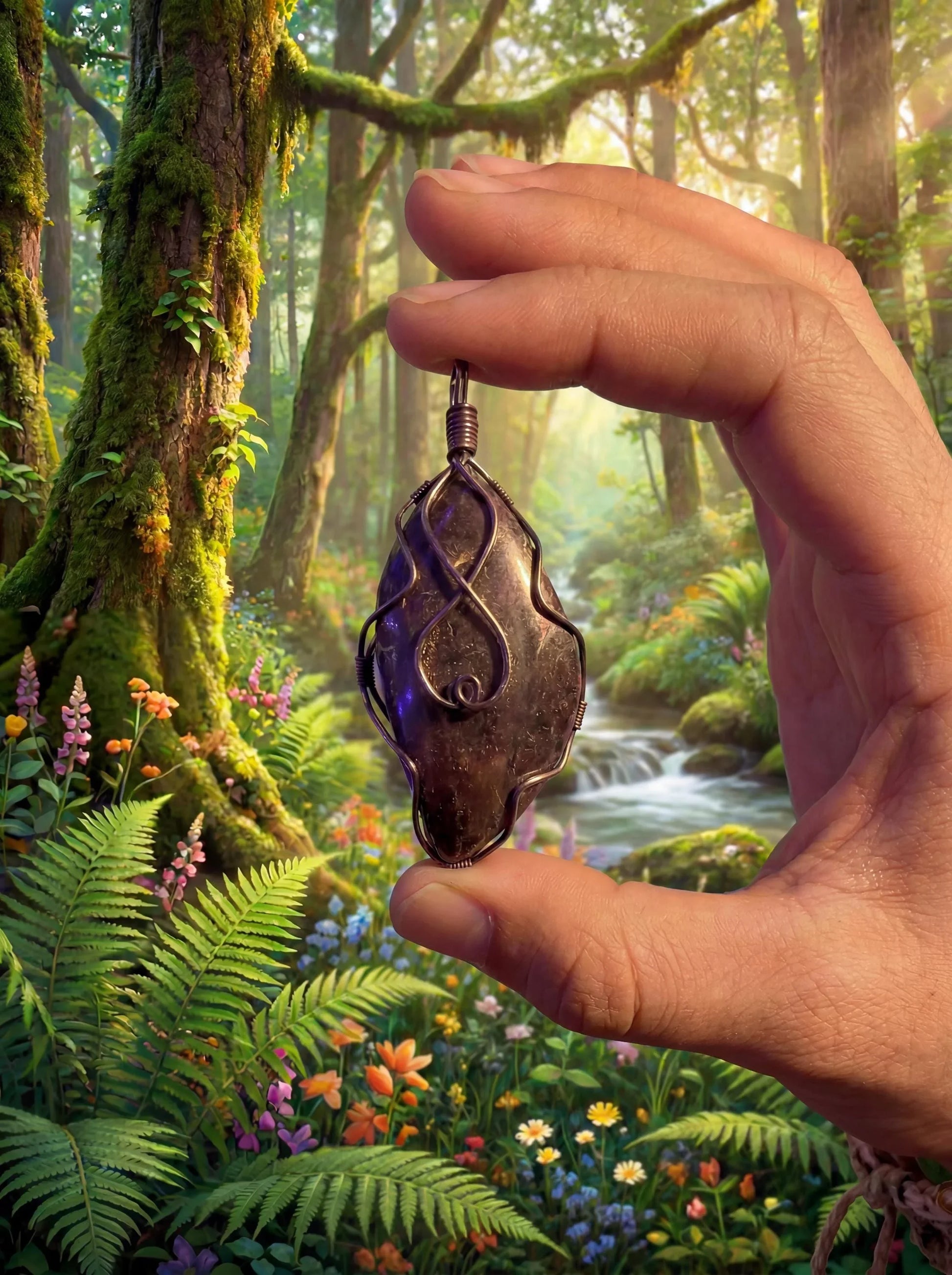 Hand holding wire-wrapped pendant with purple resin in enchanted forest setting, featuring mossy trees and wildflowers