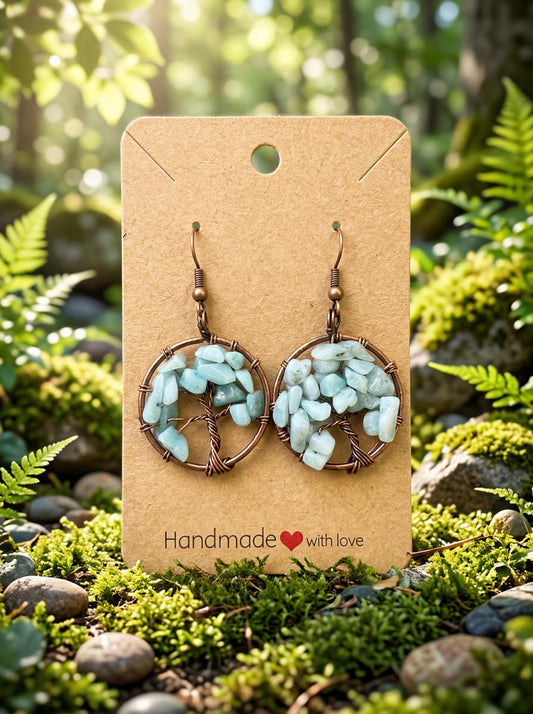 Wire Wrapped Tree of Life Earrings – Aquamarine Boho Dangle Earrings – Handmade Crystal Jewelry Gift for Her