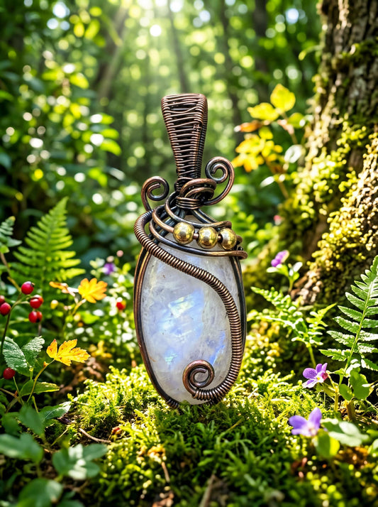 Wire Wrapped Lunar Whisper Moonstone Pendant – Handmade Copper Crystal Necklace, Elegant Boho Gemstone Jewelry