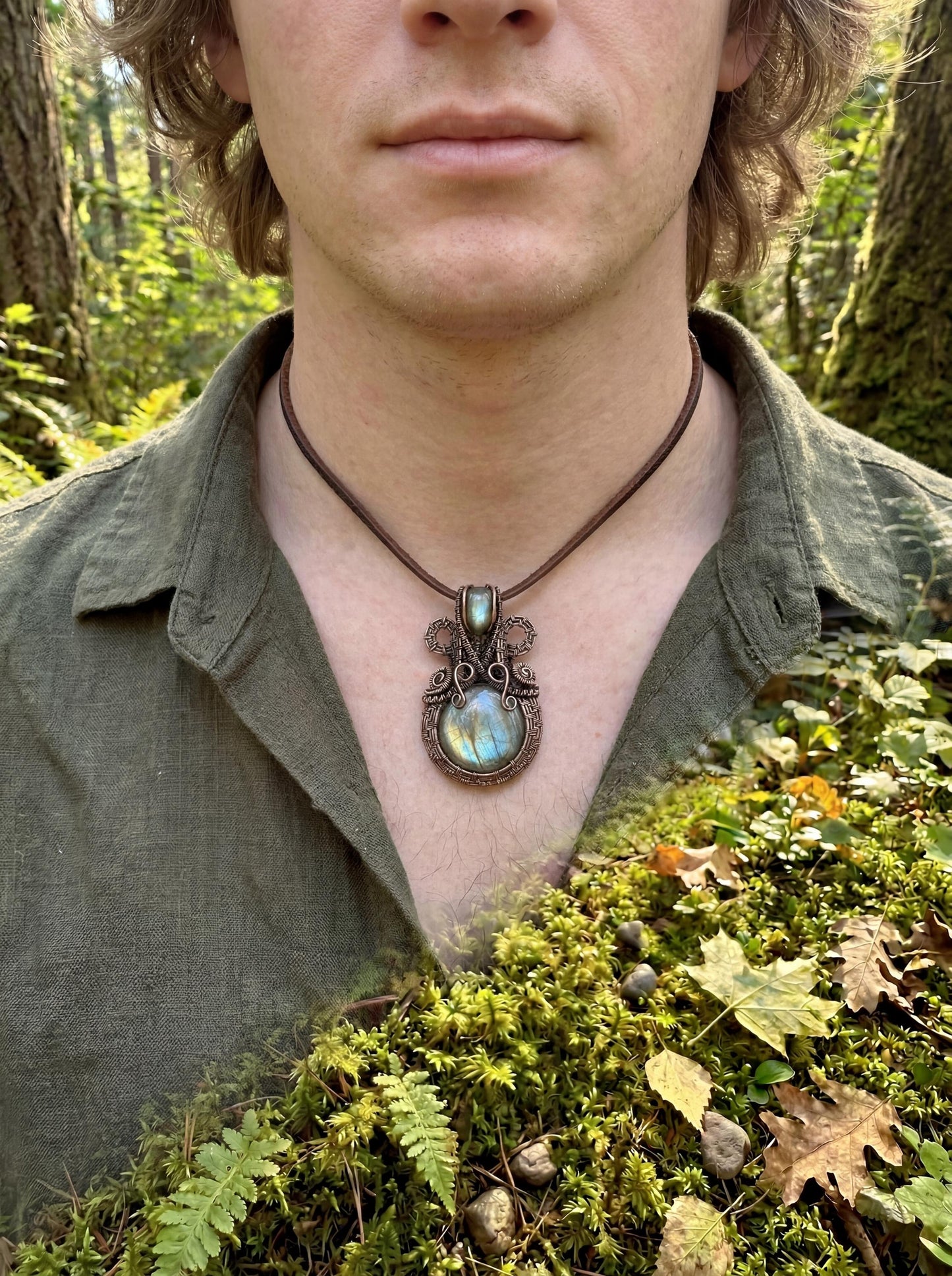 Wire Wrapped Grove Sentinel Pendant – Labradorite Crystal Necklace, Handmade Copper Statement Jewelry