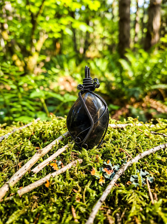 Wire Wrapped Obsidian Root Pendant – Black Crystal Necklace, Handmade Dark Gemstone Jewelry, Grounding Stone