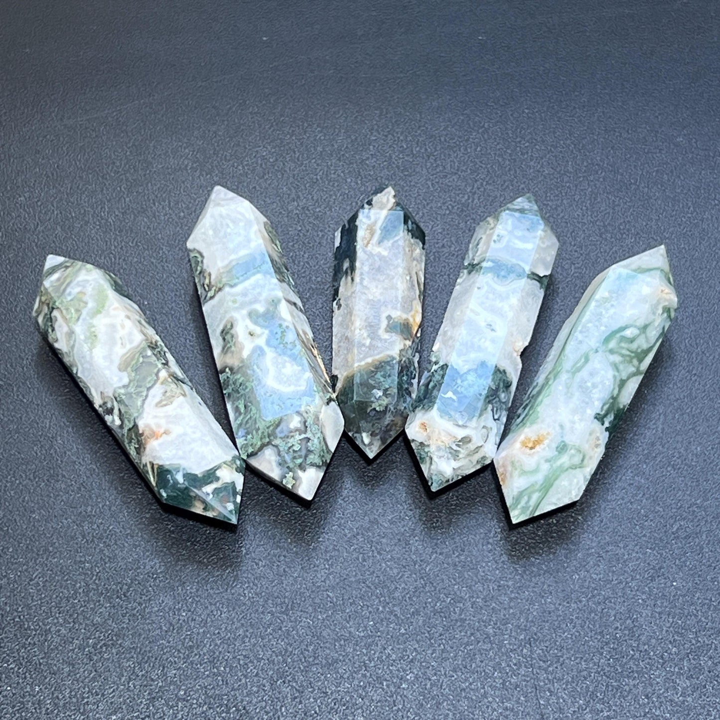 Large Moss Agate Double Point Crystal Carving
