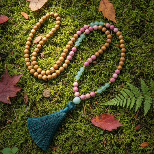 Olive Wood, Rhodonite, Green Aventurine Mala Bead Necklace: Knotted Mala Necklace