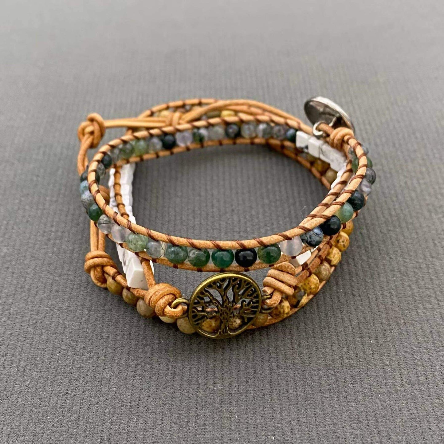 Tree of Life Charm Stone Beads Woven Three-Circle Bracelet - CS