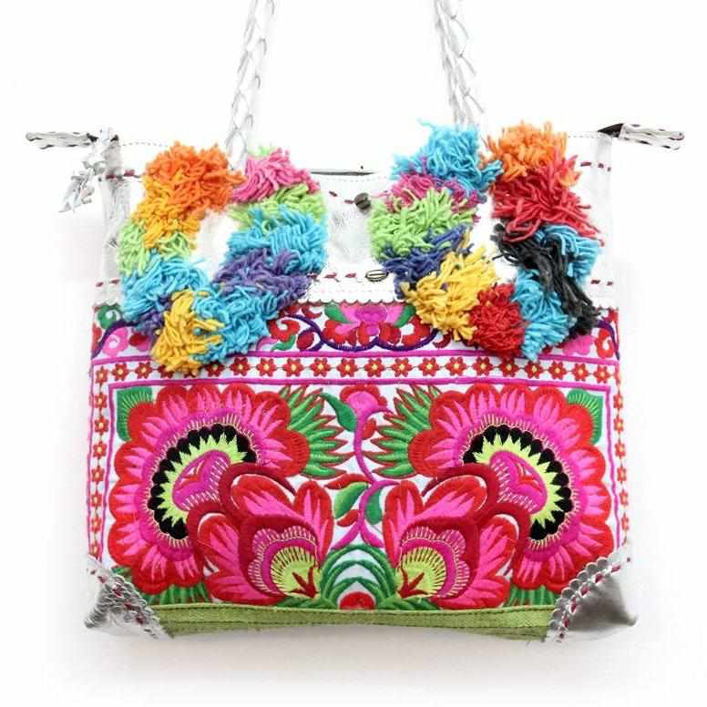 Bonita Embroidered Leather Pompom Bag — Handmade in Thailand