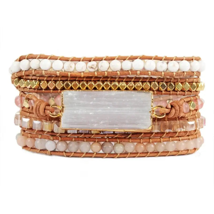 Natural White Selenite & Sunstone Wrap Bracelet