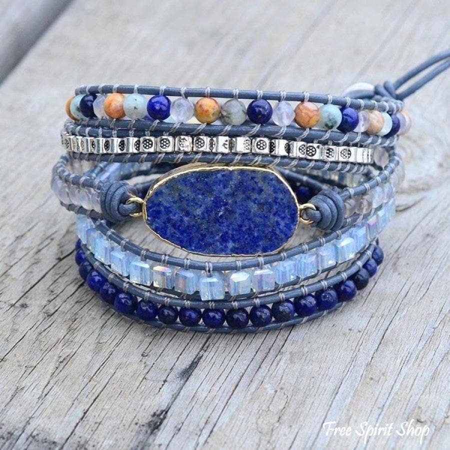 Lapis Lazuli Stone Leather Wrap Bracelet