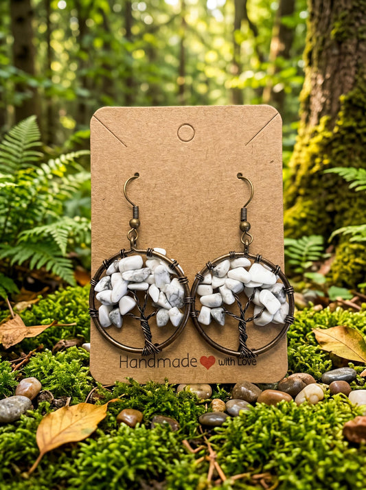 Wire Wrapped Tree of Life Earrings – White Stone Boho Dangle Earrings – Handmade Nature Jewelry Gift for Her