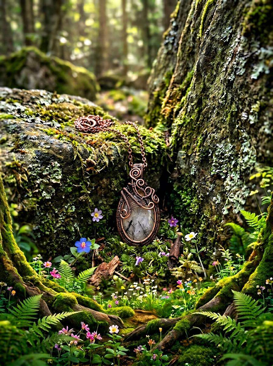 Handcrafted wire-wrapped pendant with natural stone, nestled in mossy forest with wildflowers
