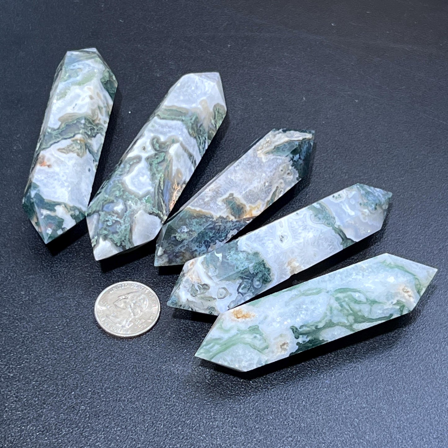 Large Moss Agate Double Point Crystal Carving