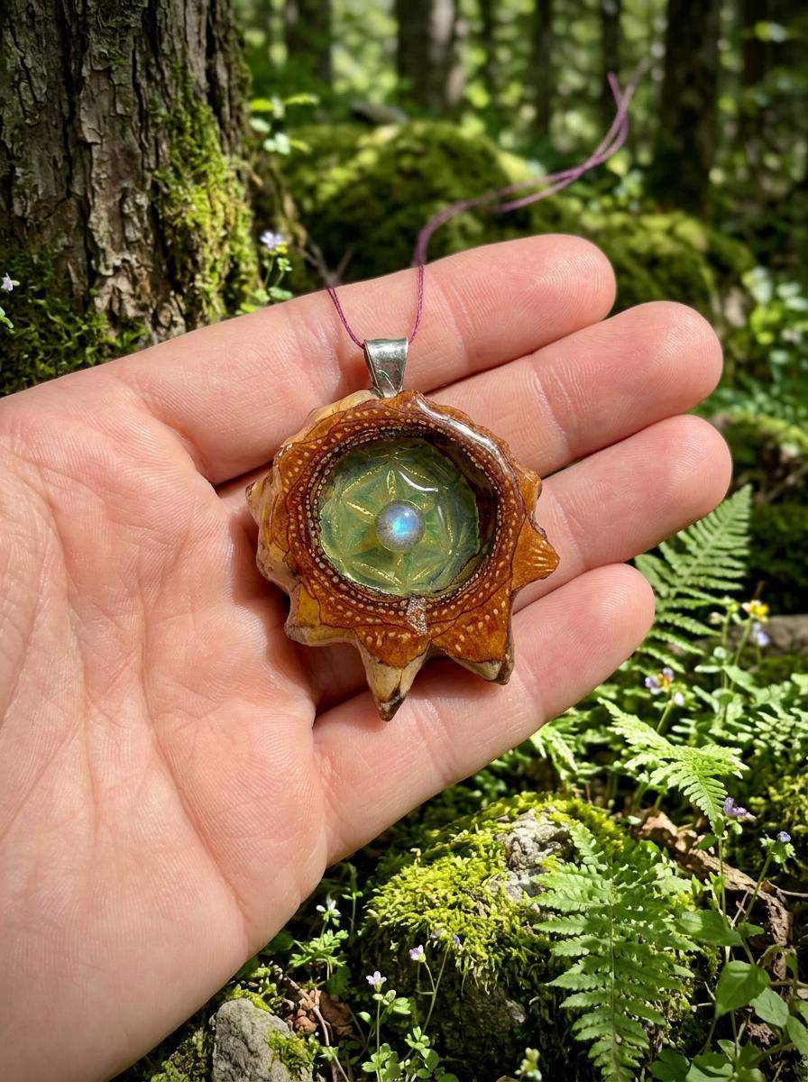 Green Flower of Life Pinecone Pendant with Labradorite Center