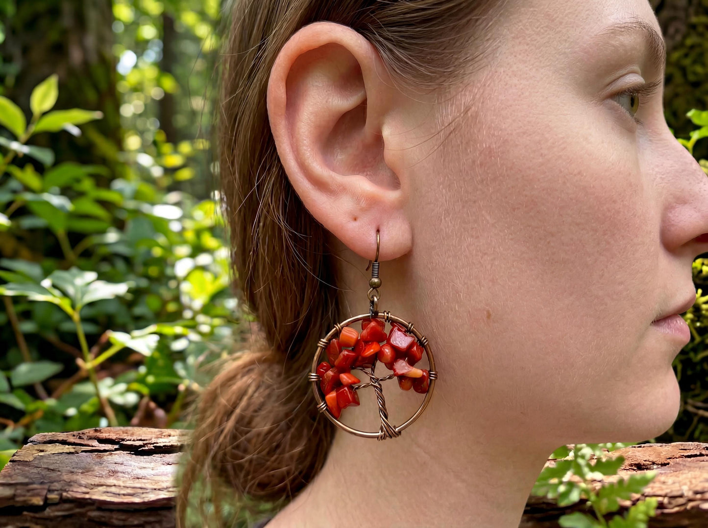 Wire Wrapped Tree of Life Earrings – Red Jasper Boho Dangle Earrings – Handmade Statement Jewelry Gift for Her
