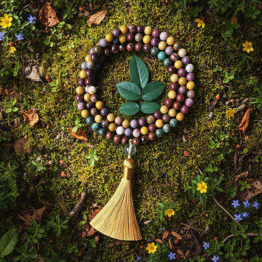 Mookaite and African Turquoise Mala Necklace with Tassel: Knotted Mala Necklace