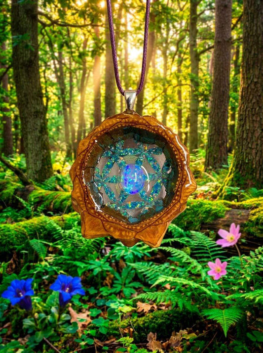 Fire Opal with Crushed Opal Flower of Life Pinecone Pendant