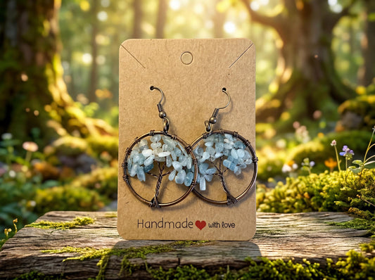Wire Wrapped Tree of Life Earrings – Blue Aquamarine Boho Dangle Earrings – Handmade Crystal Jewelry Gift for Her