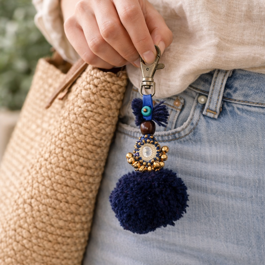 Pom Pom Zipper Pull Keychain Boho Bag Charm Lobster Clasp Fair Trade - Thailand