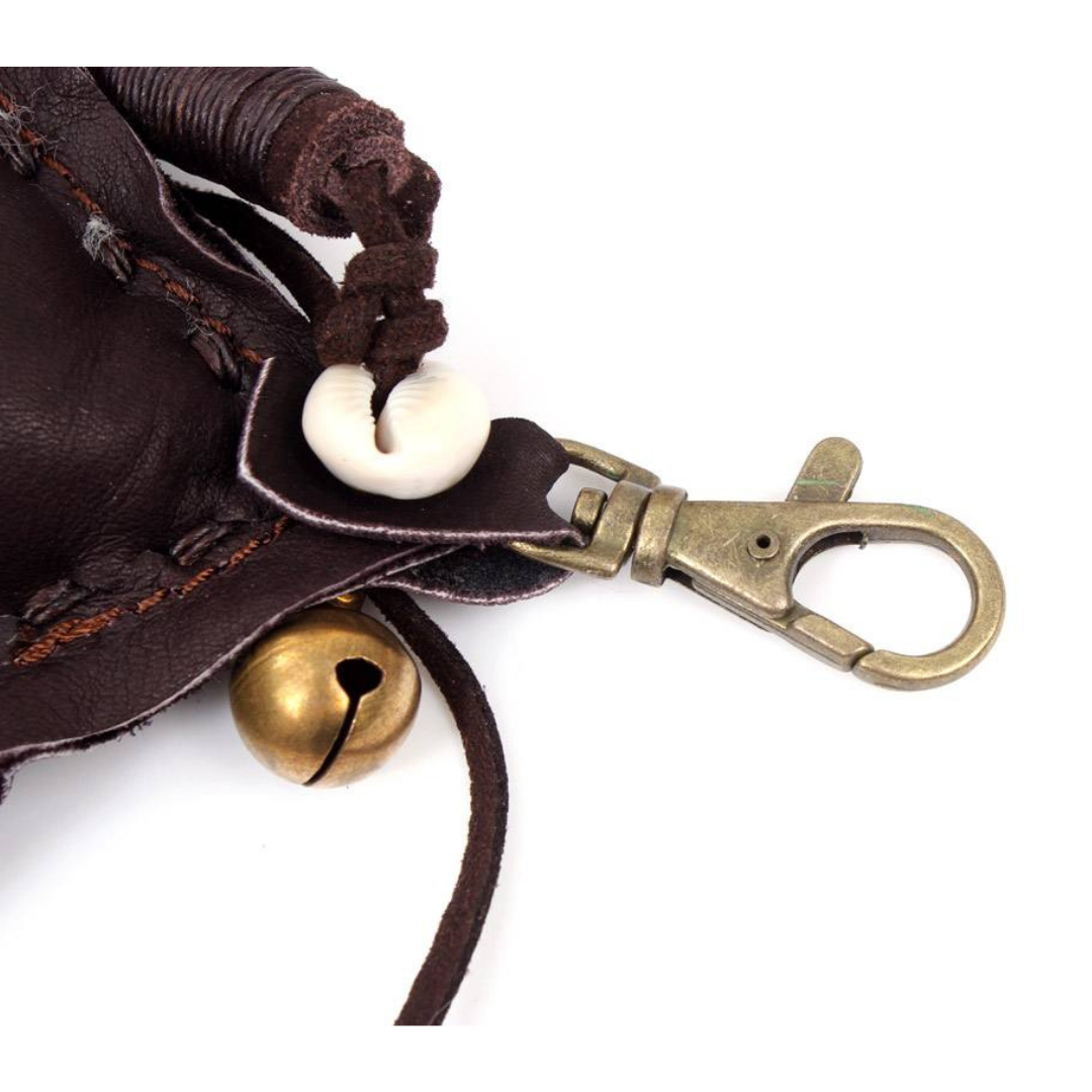 Handmade Leather Zipper Pull with Embroidery and Shell Detail | Ethical Bag Accessory – Thailand