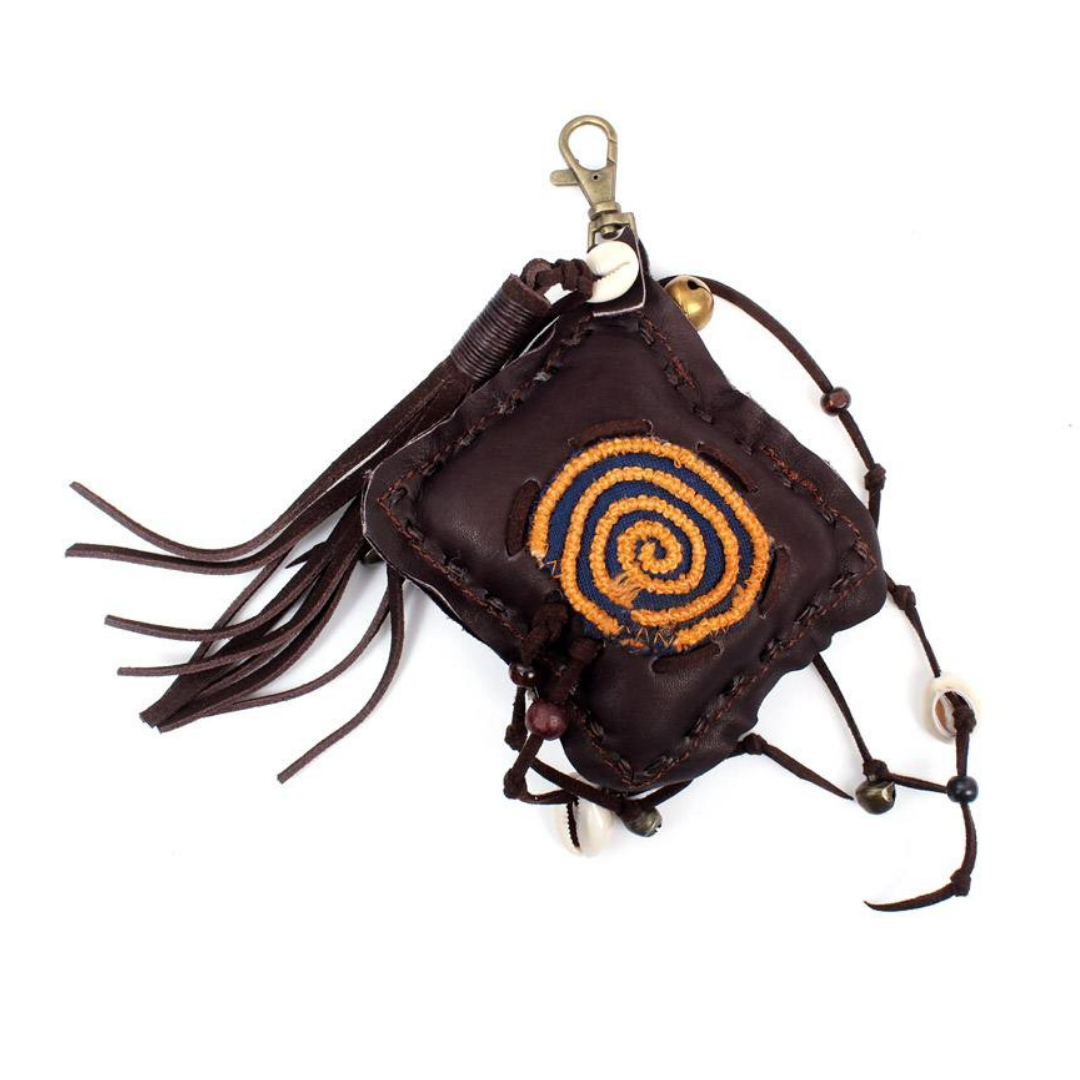 Handmade Leather Zipper Pull with Embroidery and Shell Detail | Ethical Bag Accessory – Thailand