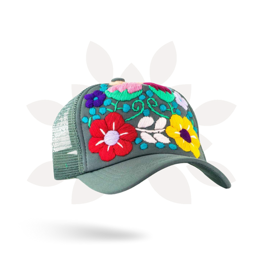 Tulum Hand Embroidered Trucker Flower Hat - Mexico