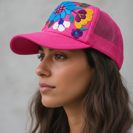 Tulum Hand Embroidered Trucker Flower Hat - Mexico