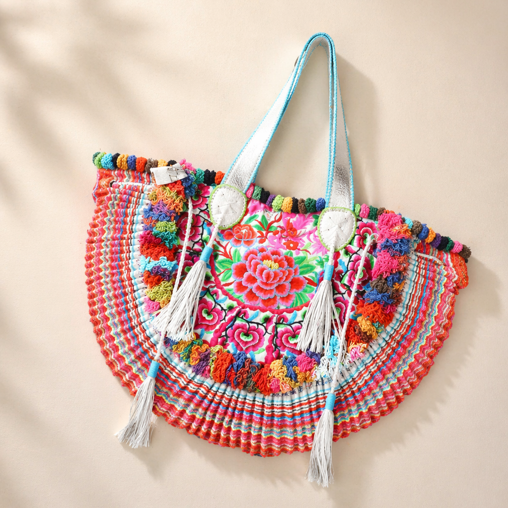 Embroidered Half Moon Ibiza Leather Tote Pom Pom Bag – Thailand