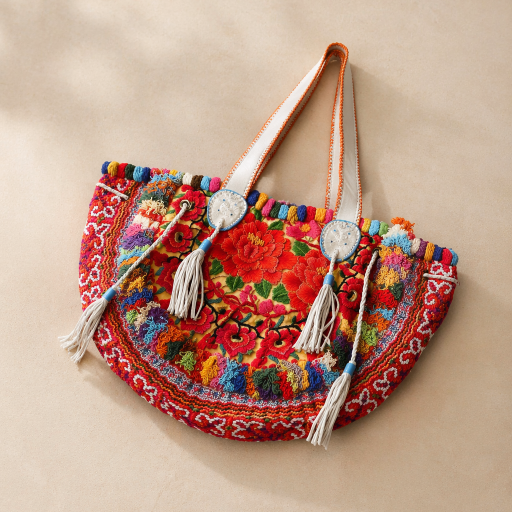 Embroidered Half Moon Ibiza Leather Tote Pom Pom Bag – Thailand