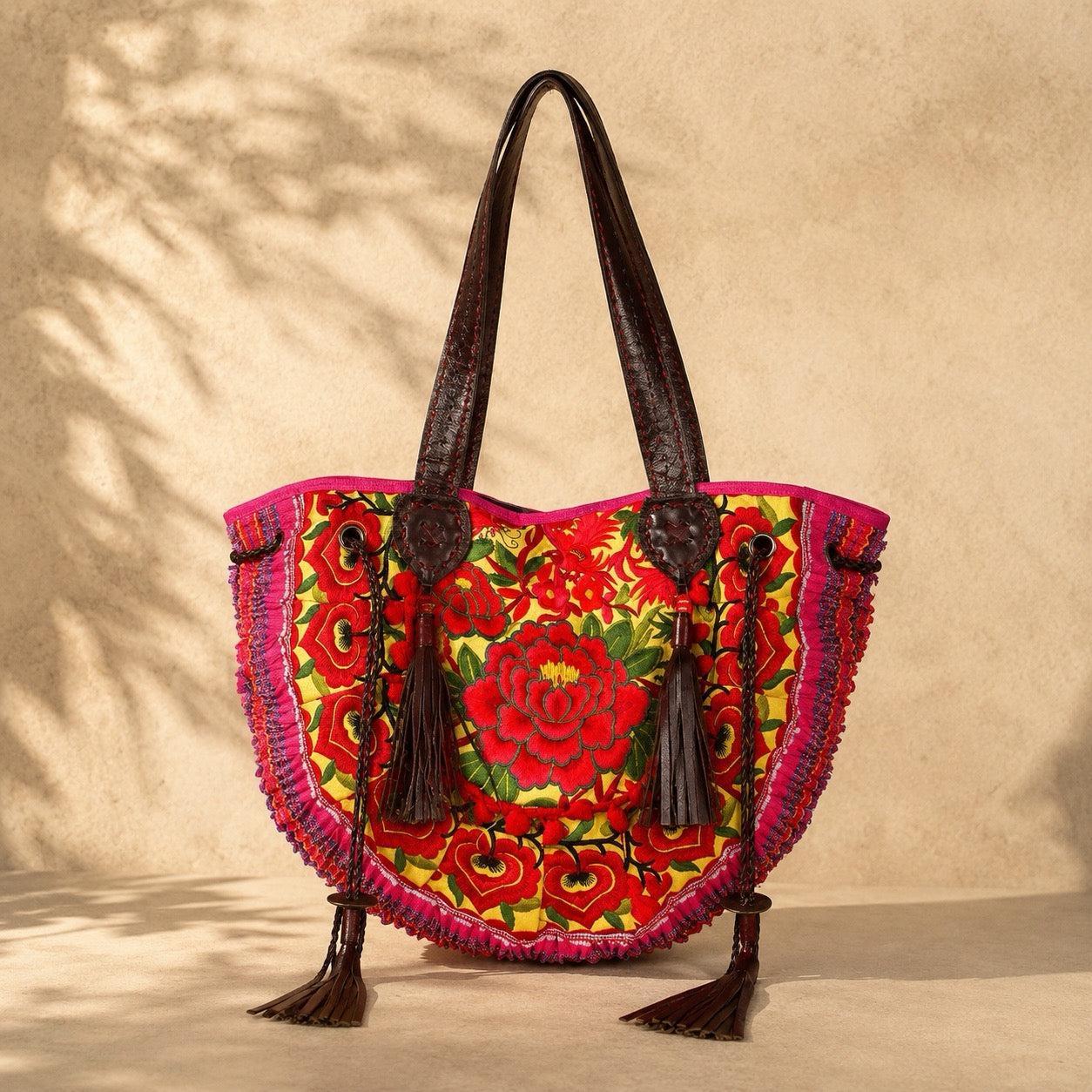 Vintage Hmong Leather Tote Artisan Handbag Fair Trade Luxury Boho Bag - Thailand