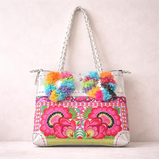 Bonita Embroidered Leather Pompom Bag — Handmade in Thailand