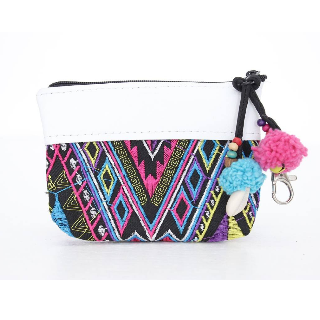 Embroidered Coin Purse Leather Trim Boho Zip Pouch Keychain Wallet Fair Trade - Thailand