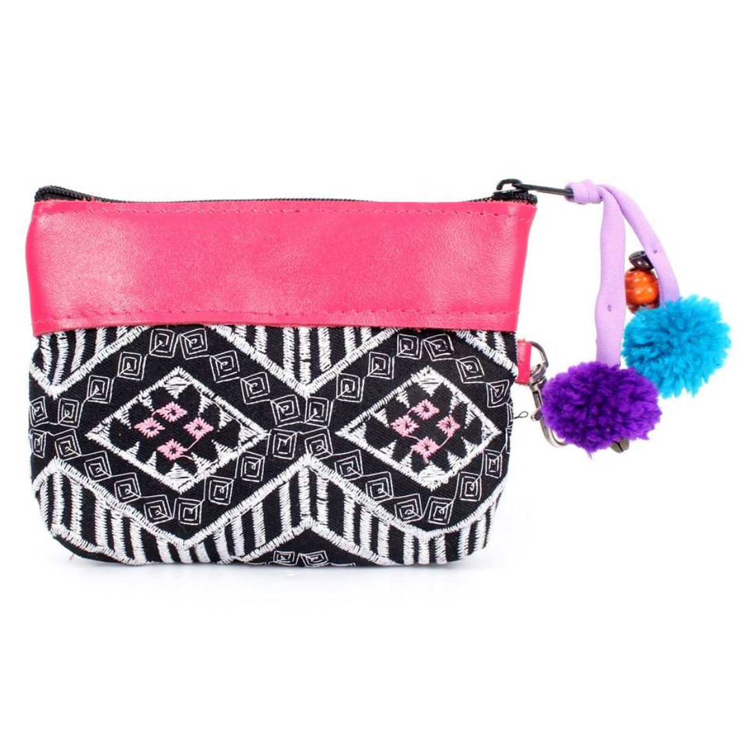 Embroidered Coin Purse Leather Trim Boho Zip Pouch Keychain Wallet Fair Trade - Thailand