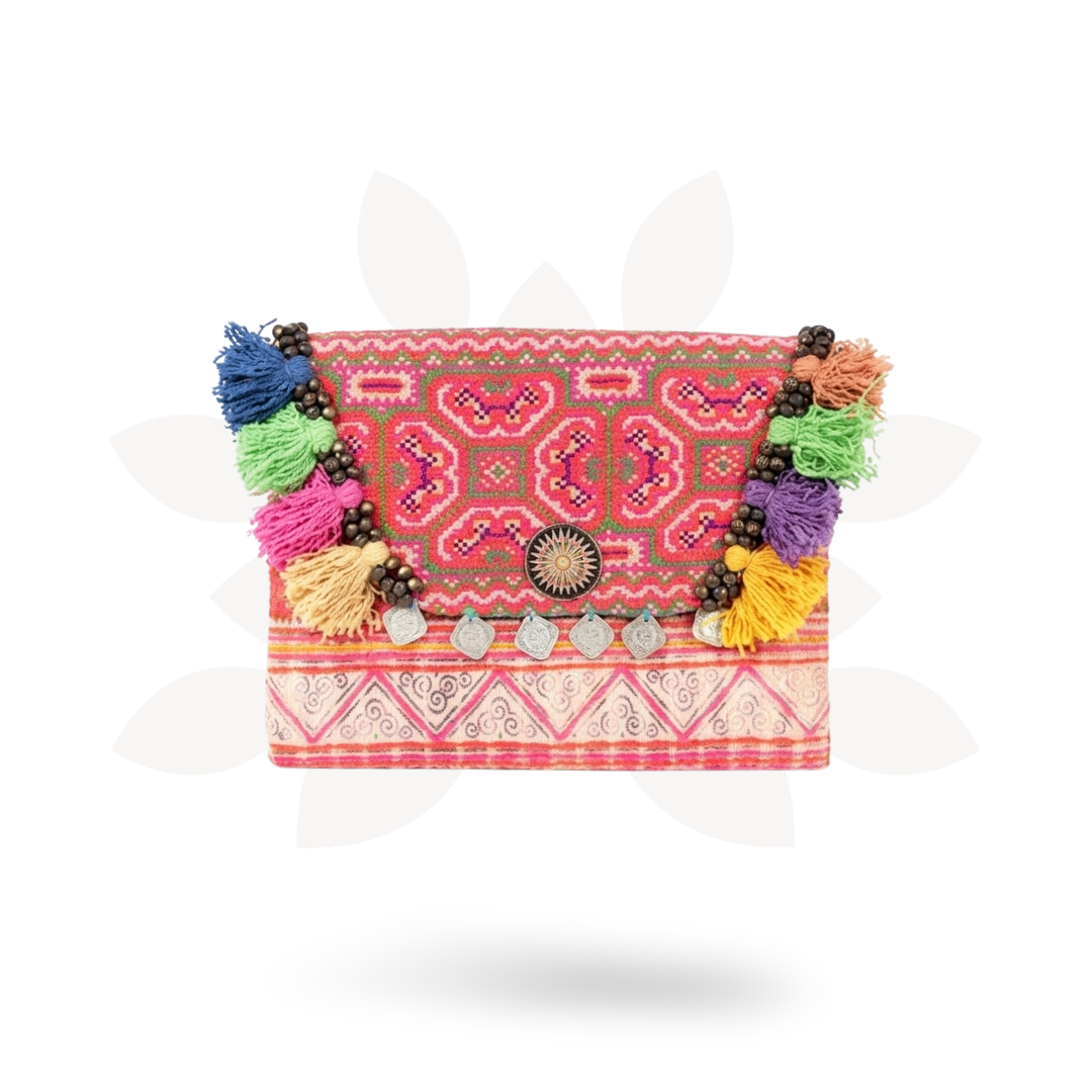 Upcycled Hmong Vintage Fabric Clutch with Tassels & Bells - Thailand