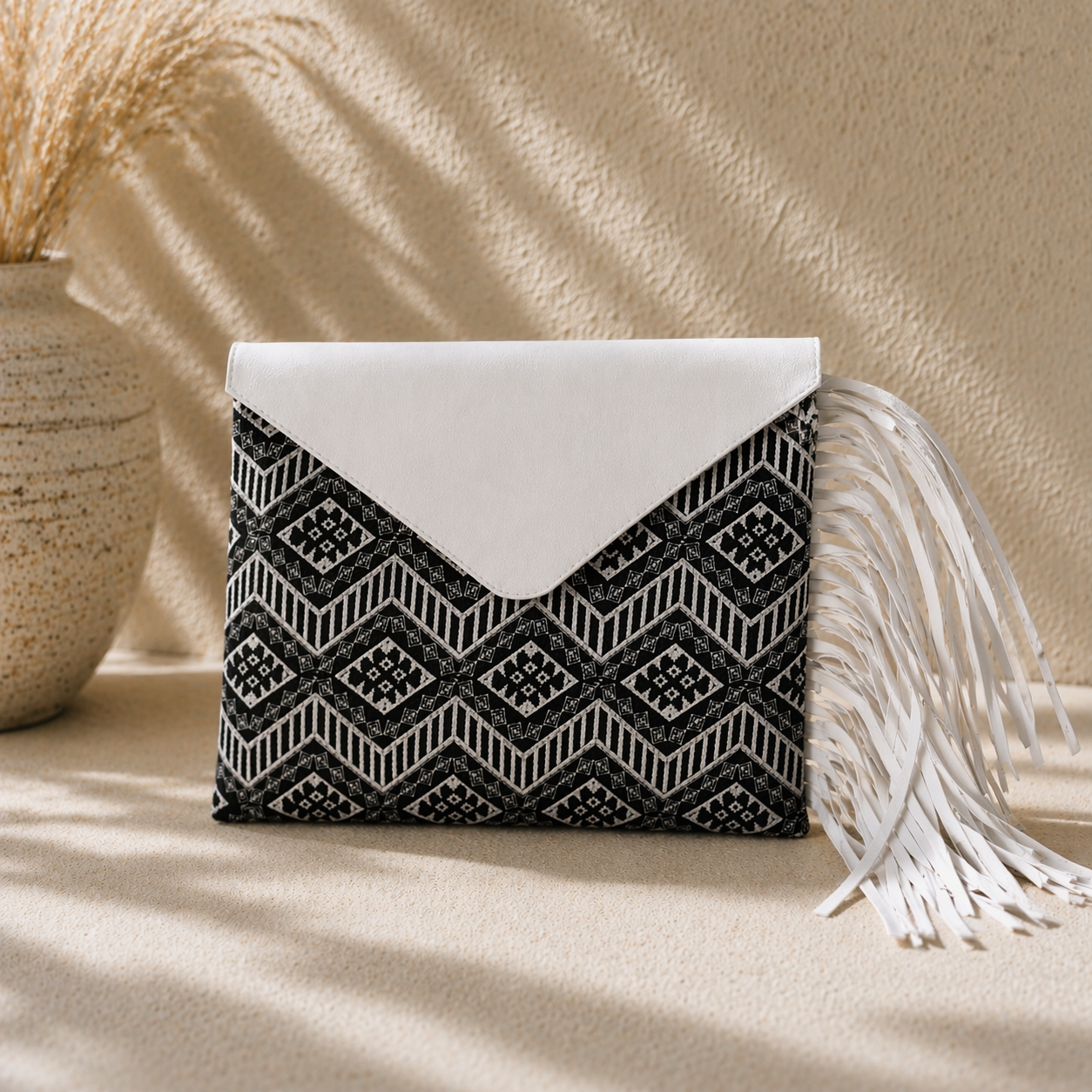 Embroidered Fringe Clutch Bag with Leather Tassel – Thailand