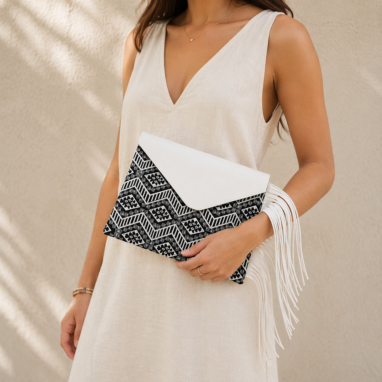 Embroidered Fringe Clutch Bag with Leather Tassel – Thailand