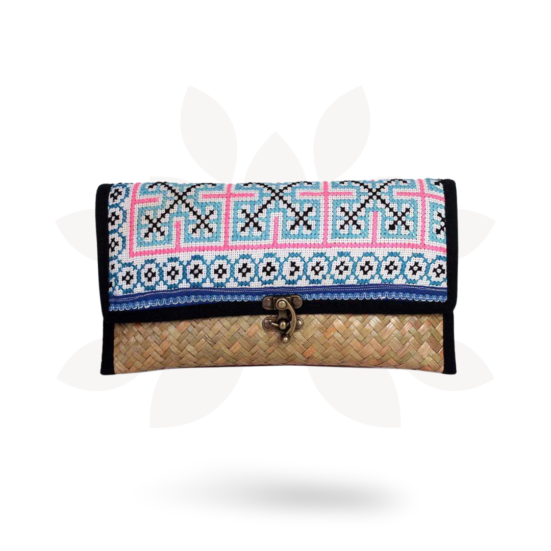Boho Rattan Clutch with Vintage Embroidery - Thailand