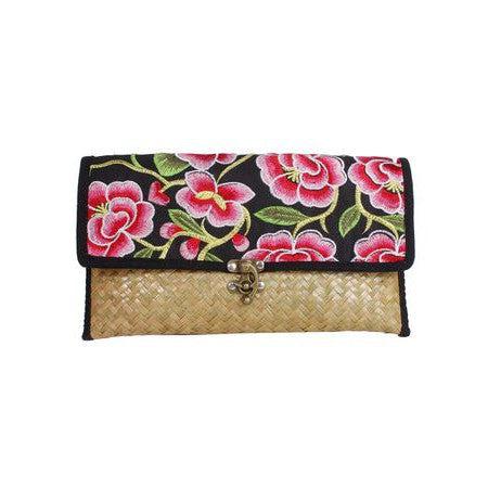 Boho Rattan Clutch with Vintage Embroidery - Thailand