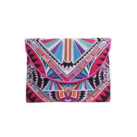 Tribal Embroidered Clutch Pompom Bag- Thailand
