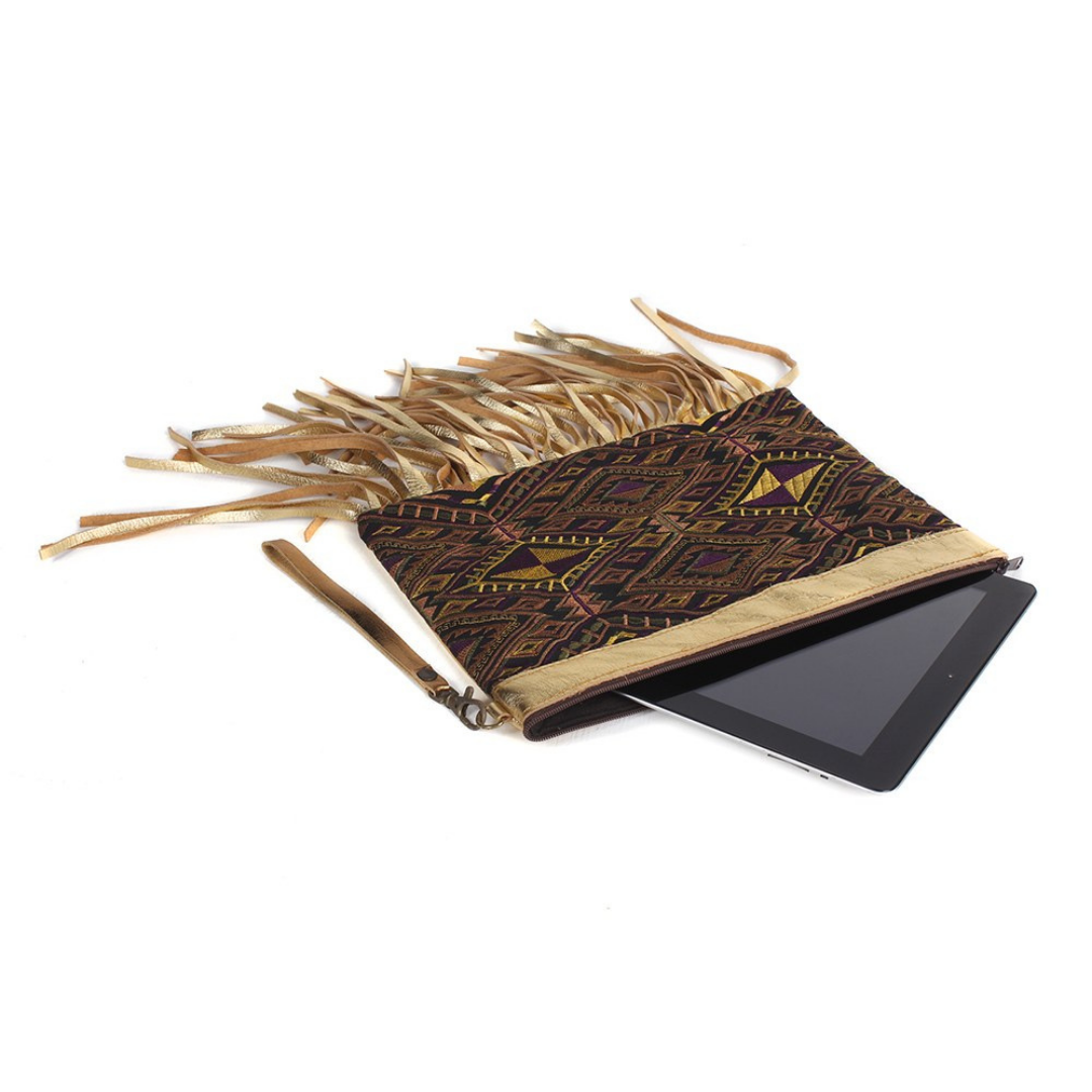 Metallic Leather & Embroidery Wristlet iPad | Tablet Bag - Thailand
