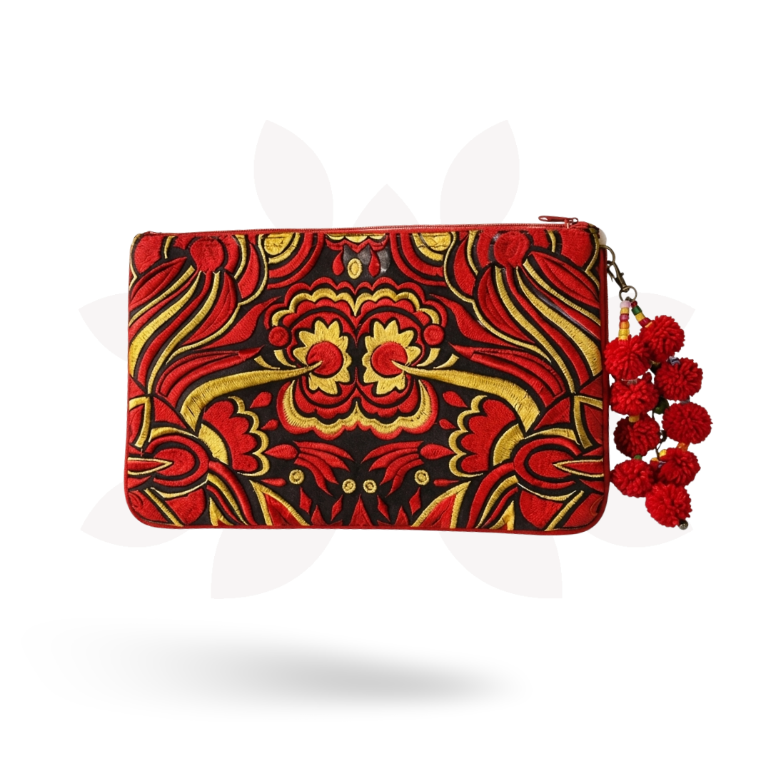 Soila Embroidered Pom Pom Clutch Boho Artisan Tablet Sleeve Fair Trade - Thailand