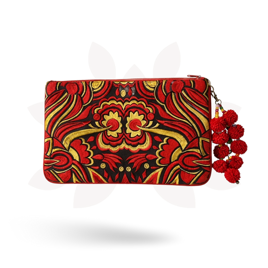 Soila Embroidered Pom Pom Clutch Boho Artisan Tablet Sleeve Fair Trade - Thailand