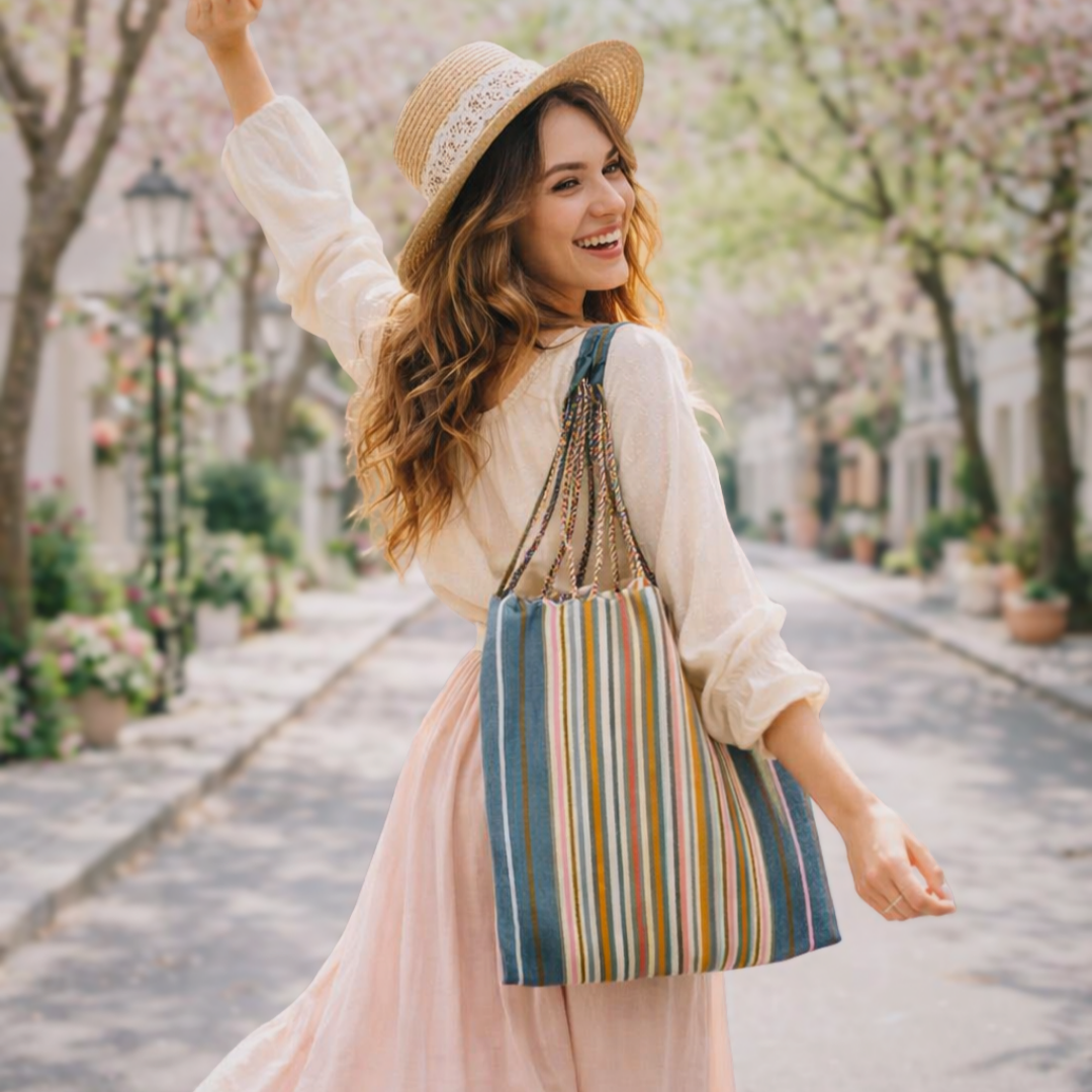 Poppy Woven Striped Tote | Hammock Bag - Mexico