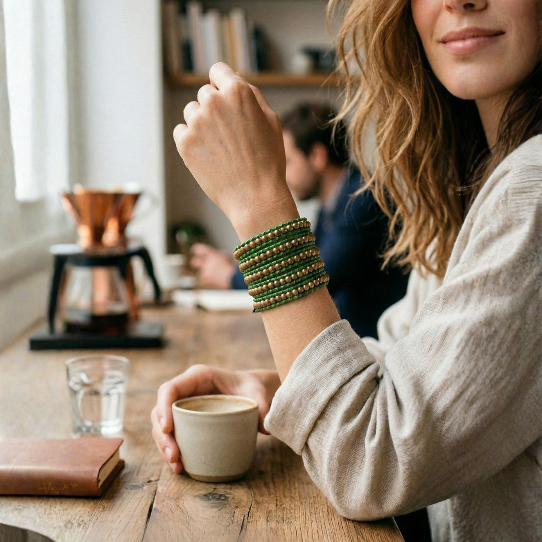 Lime Green Beaded Wrap Bracelet | Handmade Fair Trade Jewelry from Thailand | Boho Brass Bead