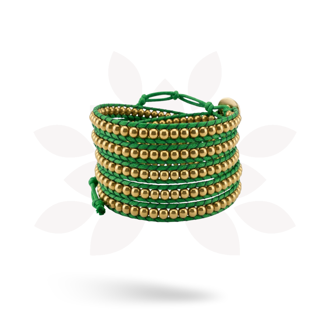 Lime Green Beaded Wrap Bracelet | Handmade Fair Trade Jewelry from Thailand | Boho Brass Bead