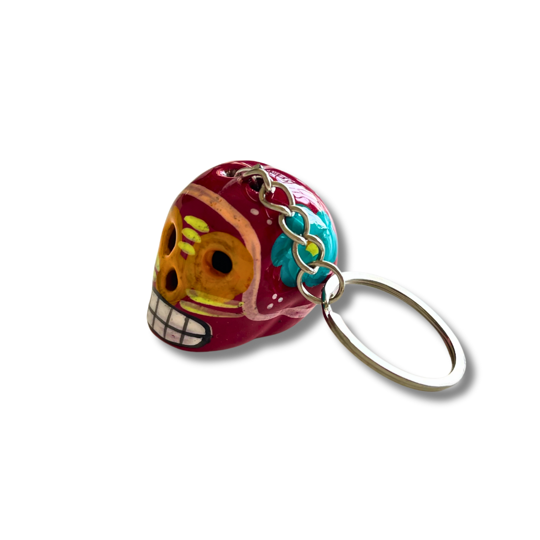 Hand-Painted Mini Sugar Skull Floral Keychain - Mexico