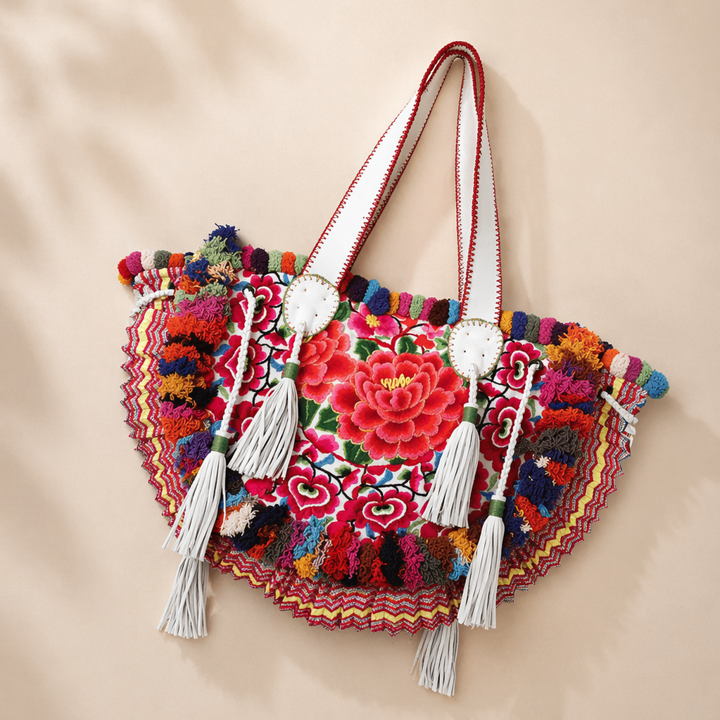 Embroidered Half Moon Ibiza Leather Tote Pom Pom Bag – Thailand