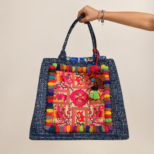 Oasis Hmong Batik PomPom Flower Beach Tote - Thailand