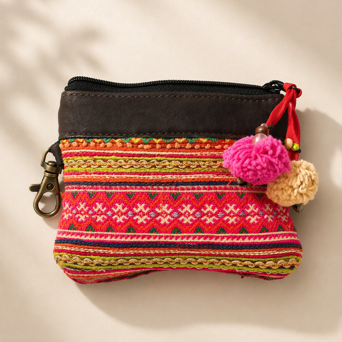 Leather Vintage Upcycled Hmong Textile Coin Purse - Thailand