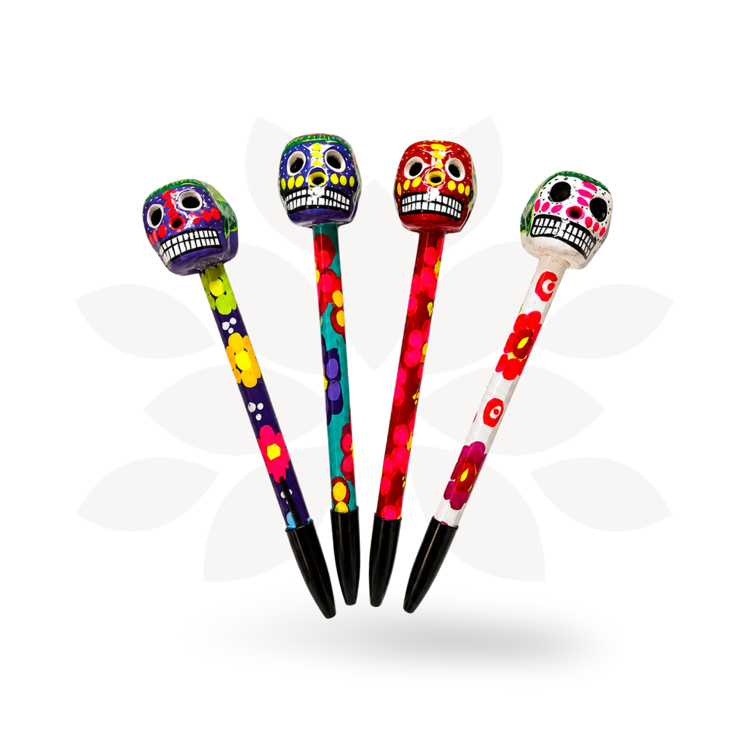 Hand-Painted Sugar Skull Ceramic Floral Pen - Unique Mexican Design - Mexico