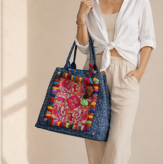 Oasis Hmong Batik PomPom Flower Beach Tote - Thailand